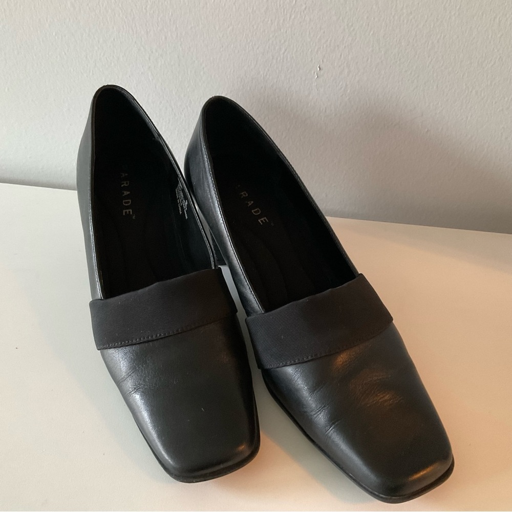 Parade, black leather block heel pump, 9